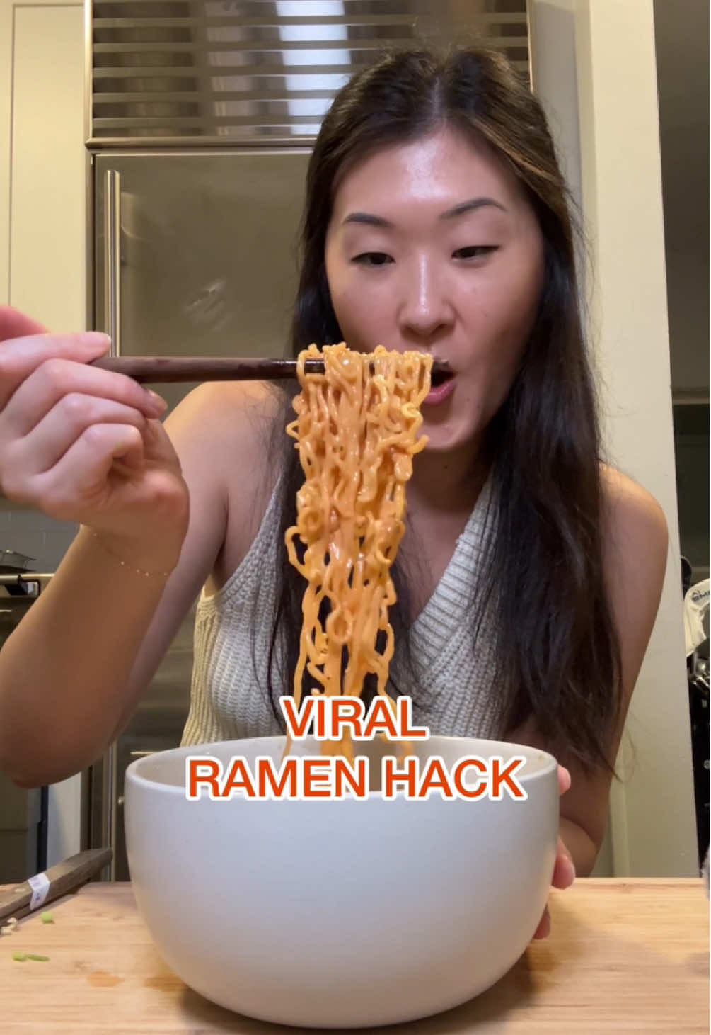 TikTok post by @saltsensitive for Nongshim USA. Caption reads: I try not to eat instant ramen too much but there....