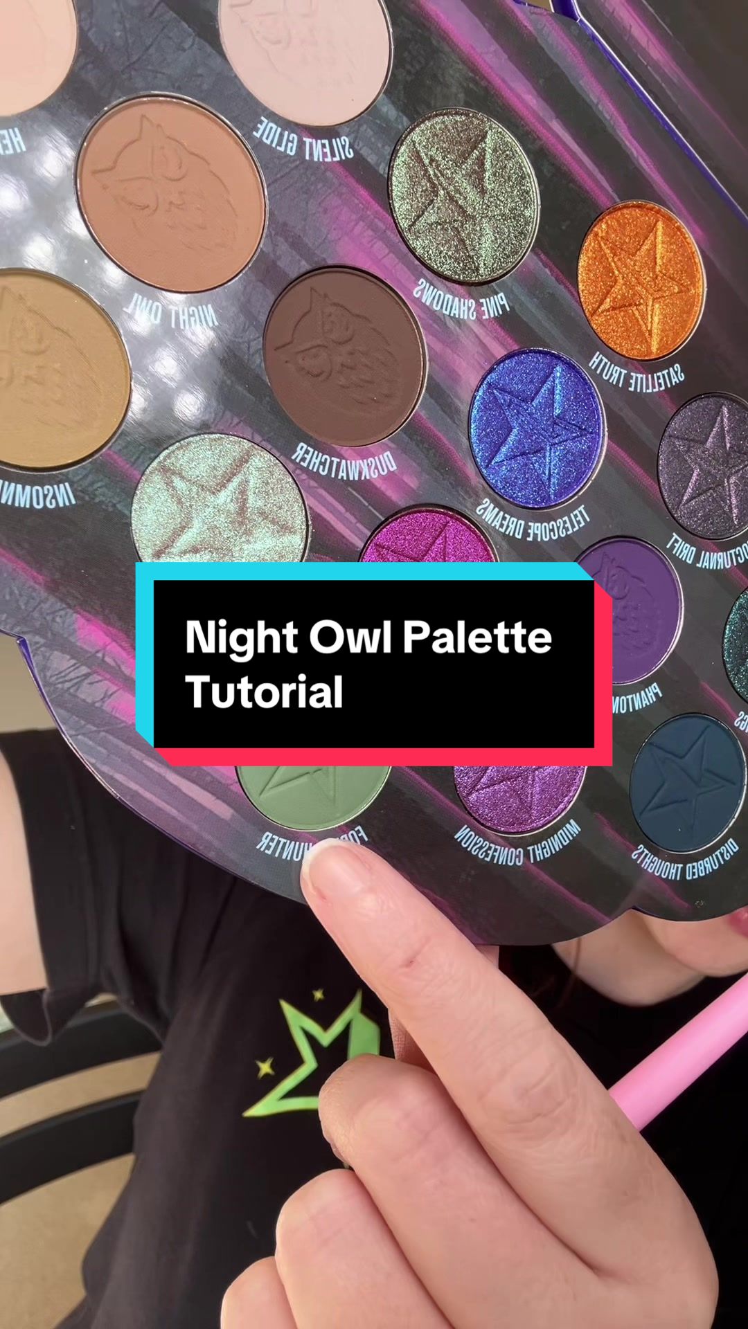 TikTok post by @jessicawallsbeauty for Jeffree Star Cosmetics. Caption reads: Using Night Owl palette from @Jeffree Star....