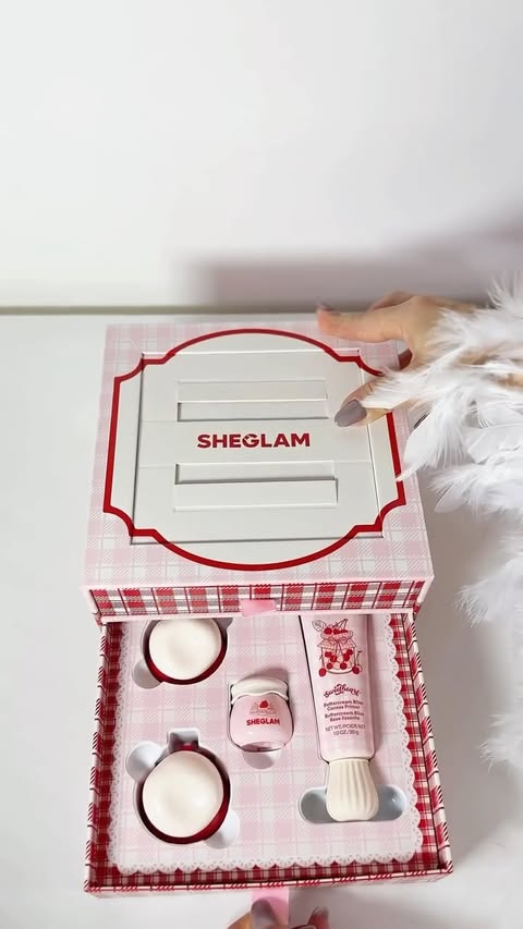 Instagram post by an influencer for SHEGLAM OFFICIAL. Caption reads: 2026 SHEGLAMSweetheart Collection 🍓💗 Gift ideas....