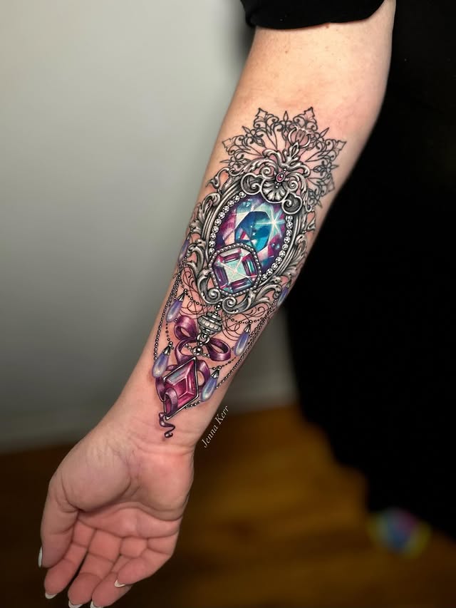 Instagram post by @jennakerrtattoo for Fkirons. Caption reads: Thank you Andrea! 💎 loved working on this....