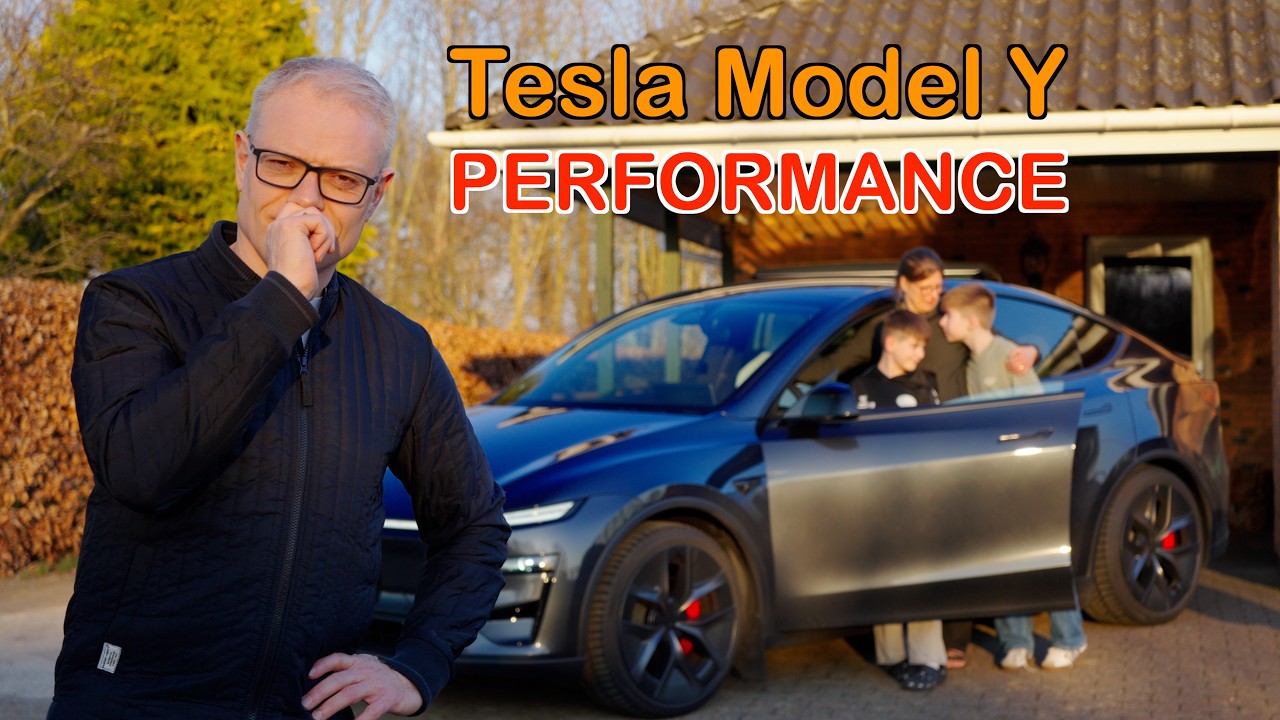 YouTube post by @BilerTV for Merch City. Caption reads: Tesla Model Y Performance er den hurtigste og....