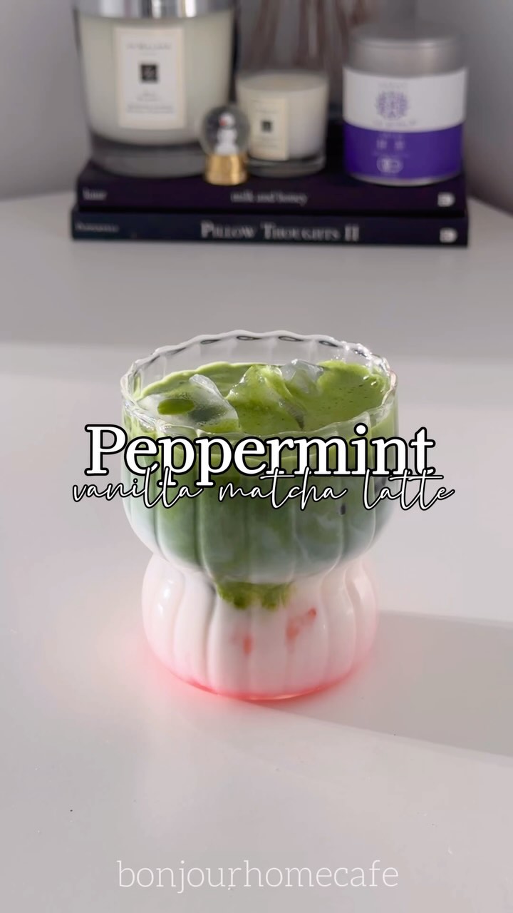 Instagram post by @bonjourhomecafe for Nioteas. Caption reads: Peppermint Vanilla Matcha Latte ❤️🤍❤️ . . .....