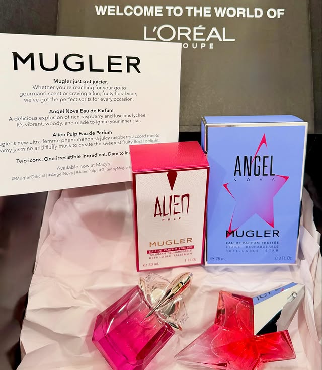 Instagram post by @samplereviews_ for Mugler. Caption reads: [...] community and get to experience these....