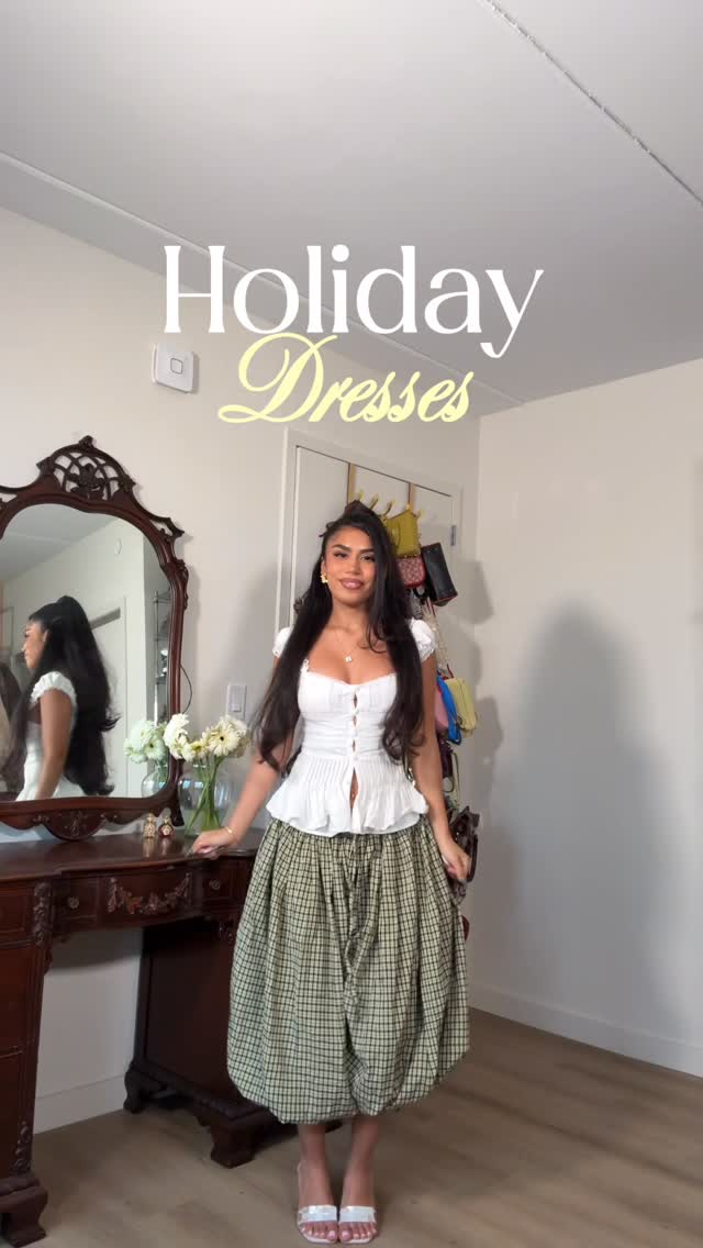 Instagram post by @ma.l.i for Azazie. Caption reads: Which holiday dress would you wear?....