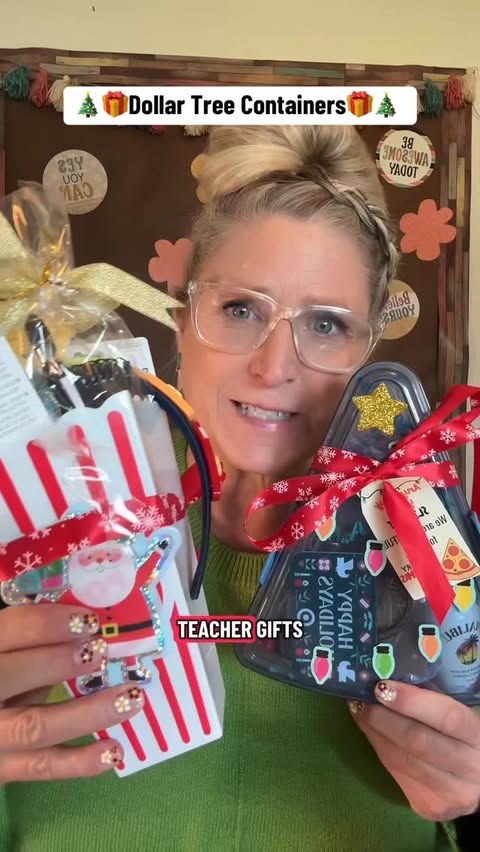 Instagram post by @smilesamy70 for Dollar Tree. Caption reads: So many cute containers🎄🎁 #teacher @dollartree....