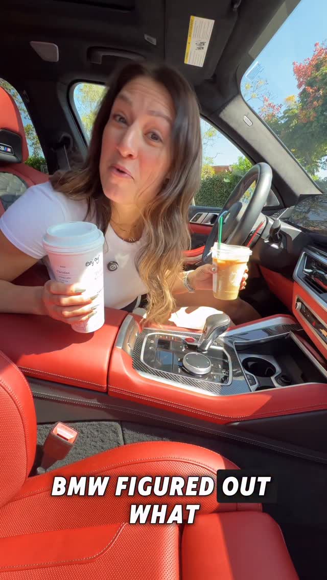 Instagram post by @mobile_mama_reviews for BMW USA. Caption reads: Do you love the heated and cooled cup holders on....