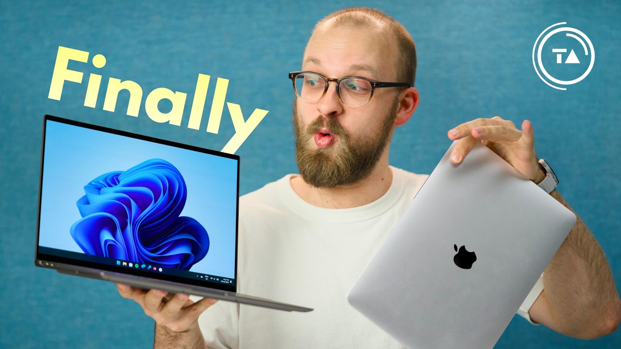 YouTube post by @TechAltar for Unsplash. Caption reads: Windows laptops are finally good again!.