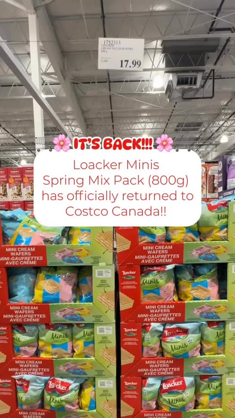 Instagram post by @costcofindscanada for Loacker. Caption reads: 🛒🌸 IT’S BACK!!! 🌸🛒 ‌ The Loacker Minis Spring....