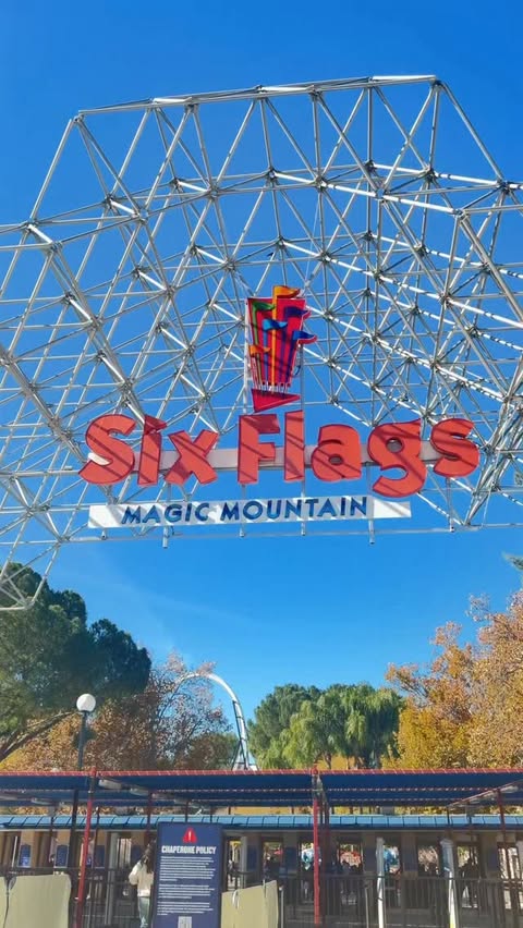 Instagram post by @lizzyandfamilyy for Six Flags. Caption reads: 🎄✨ Holiday magic at Six Flags Magic Mountain ✨🎄....