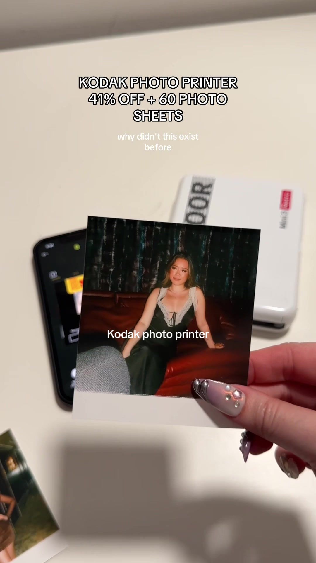 TikTok post by @dainty.nugs for Kodak Photo Printer. Caption reads: [...] photos straight from your phone! @Kodak....