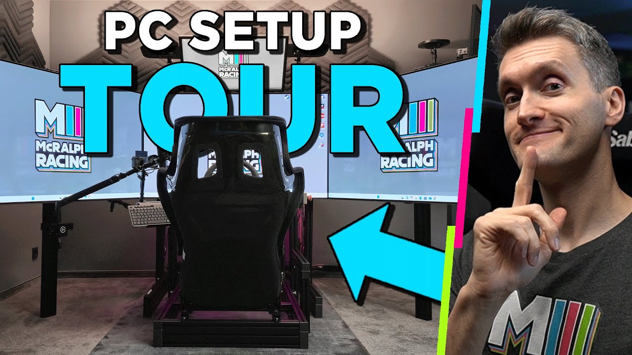 YouTube post by @McRalphRacing for Elgato. Caption reads: Mein 55 Zoll Triple-Screen Simracing Setup 2026....