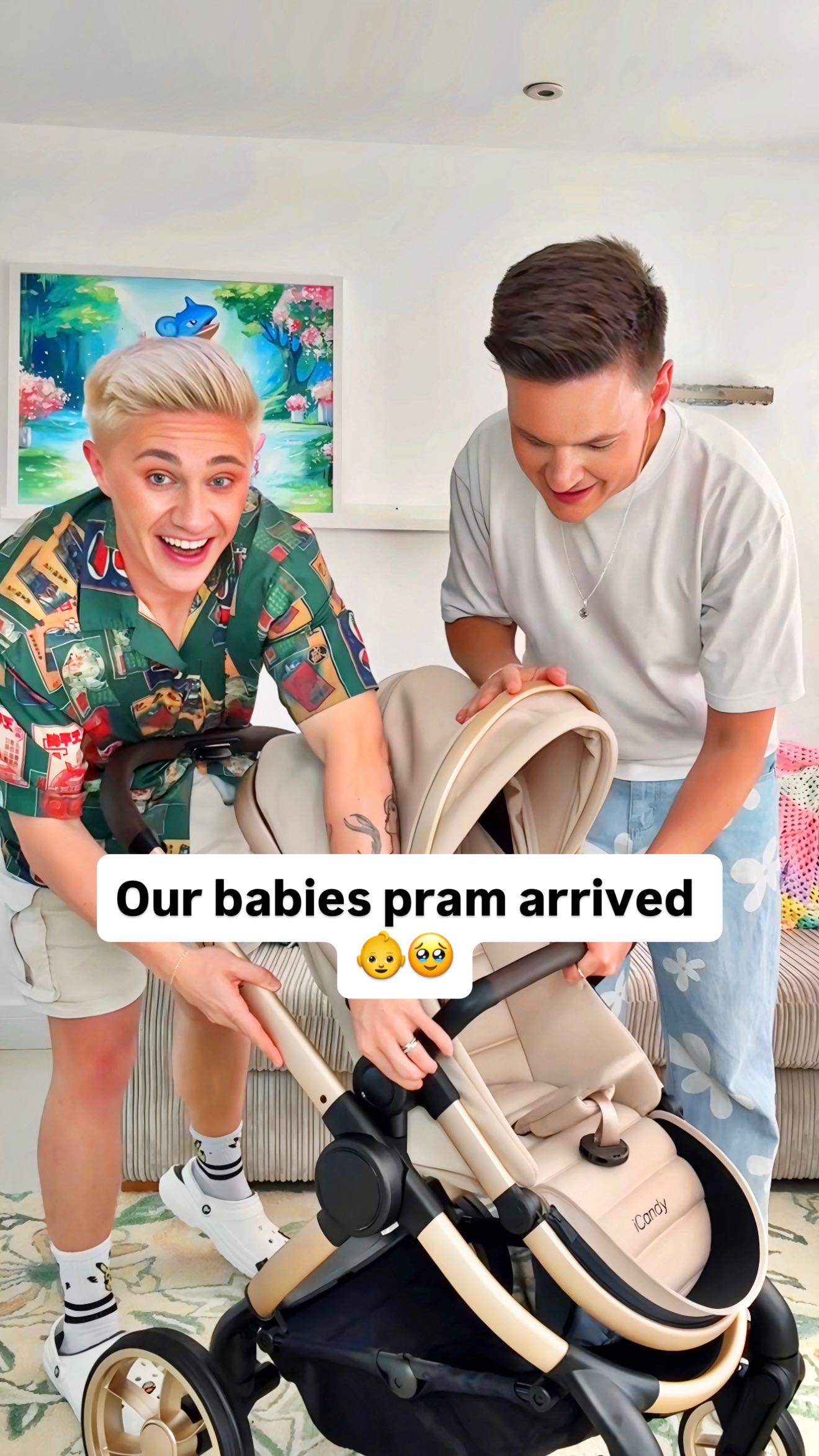 Instagram post by @matthewandryan for iCandy World Belgium. Caption reads: Our pram has arrived! 🥹 Ryan cried so much 😂 We....