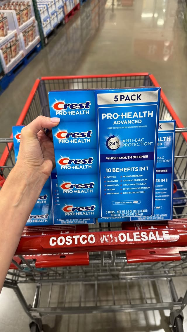 Instagram post by @costcohotfinds for Crest. Caption reads: #CrestPartner Household staples are my favorite....