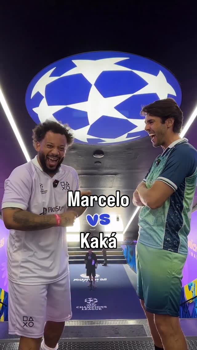 Instagram post by @championsleague for Playstation. Caption reads: ⛳️ FOOTGOLF: Marcelo vs Kaká 🇧🇷....