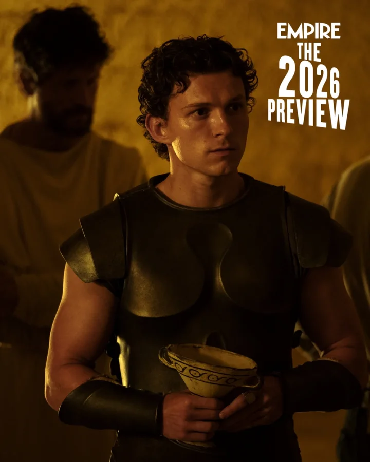 Instagram post by @theodysseymovie for Universal Pictures. Caption reads: FIRST LOOK 🚨  Tom Holland is Telemachus,....