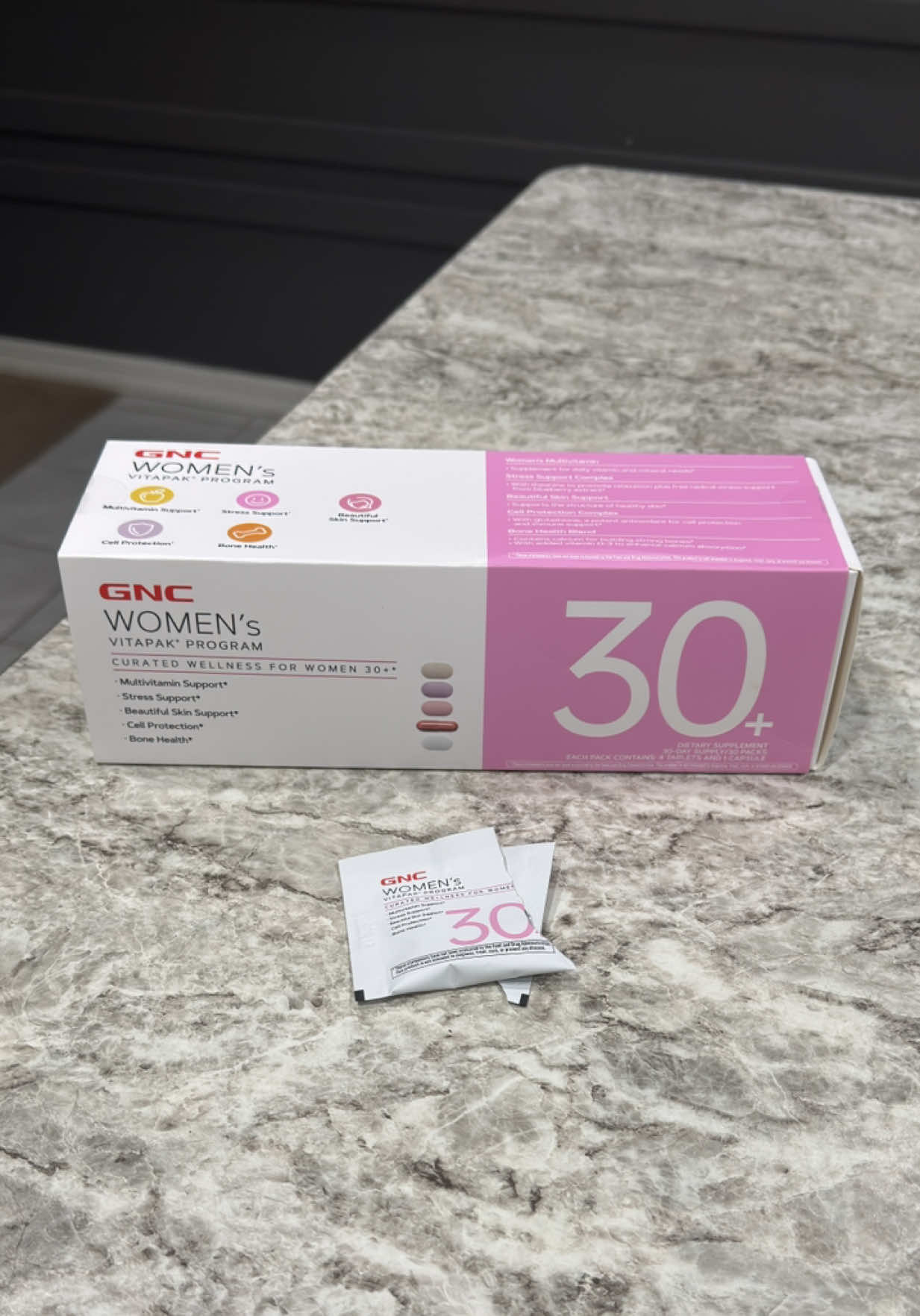 TikTok post by @carmen_yanezxo for GNC. Caption reads: #multivitamins #vitapack #gnclivewell....