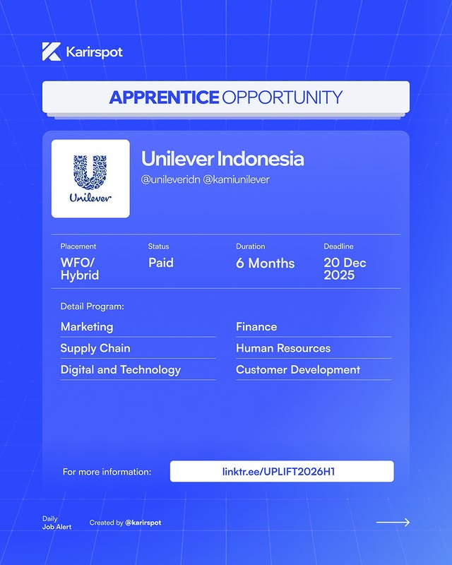 Instagram post by @karirspot for Unilever. Caption reads: 📣UNILEVER APPRENTICESHIP FOR FUTURE TALENTS....