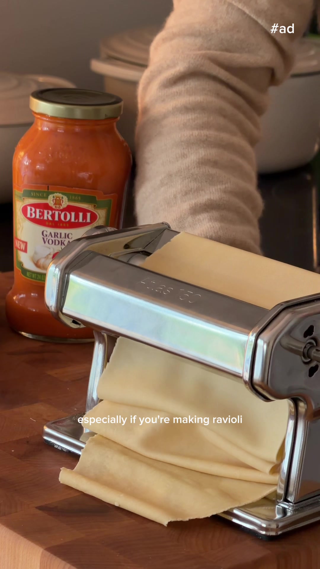 TikTok post by @isabelleheikens for Bertolli. Caption reads: [...] roasted garlic and thyme ravioli in....