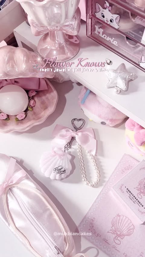 Instagram post by @milkbiancakes for Flower Knows. Caption reads: [...] Shell’s Jewel Highlighter Balm from....