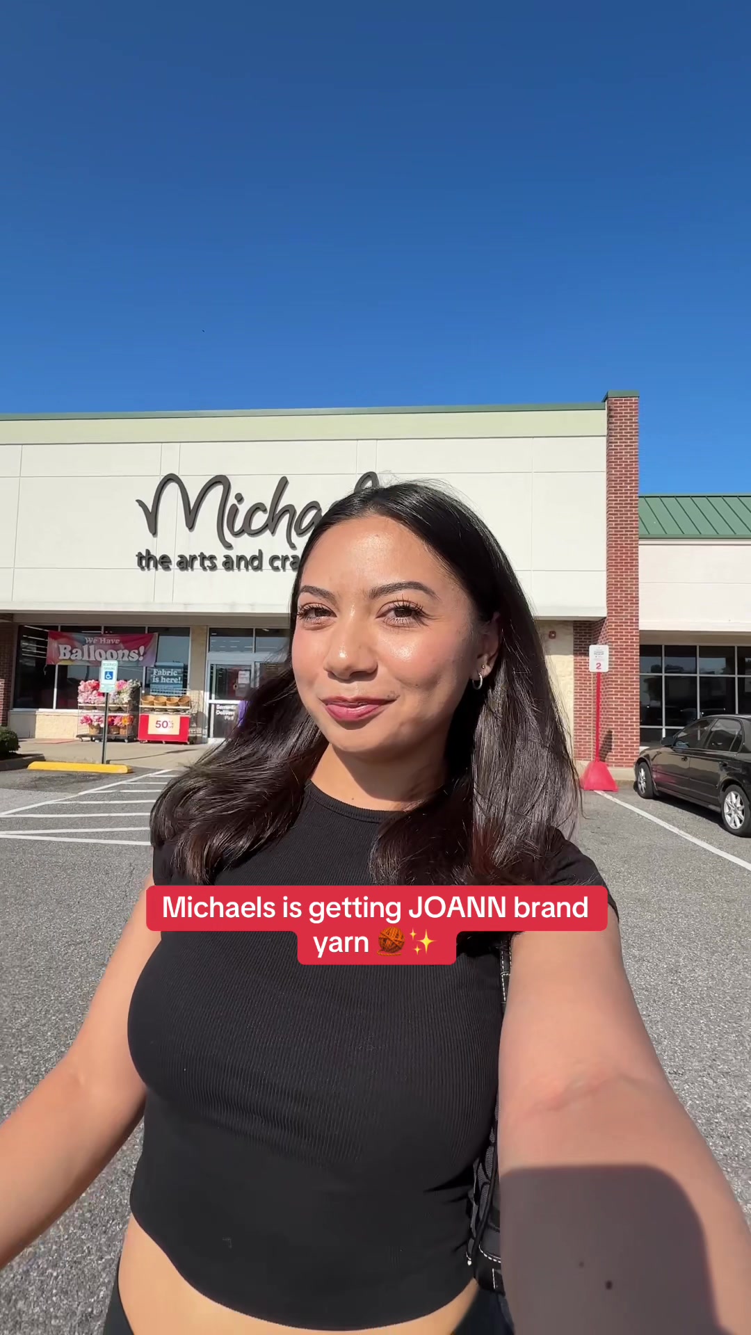 TikTok post by @xinecrochets for Michaels Stores. Caption reads: JOANN BRANDS ARE COMING TO MICHAELS  ❤️💚....