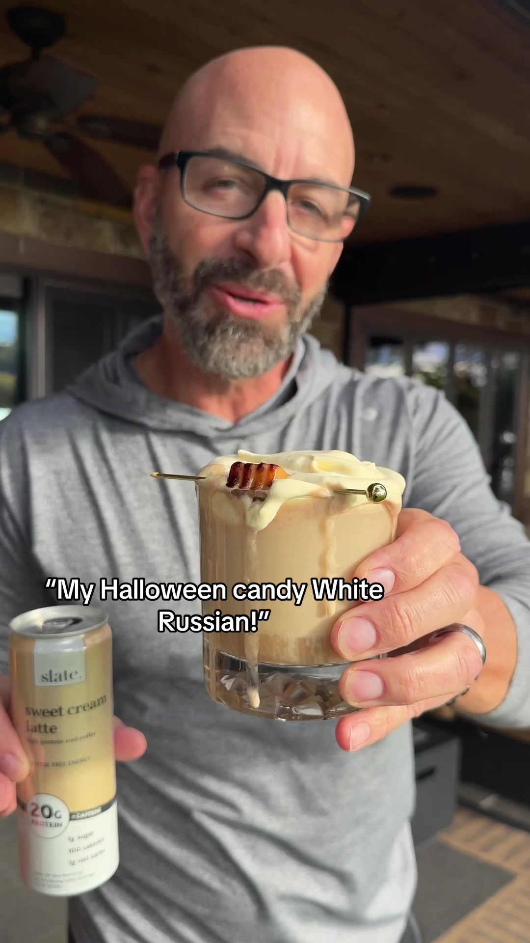 TikTok post by @johnrondi for Slate Milk. Caption reads: Halloween candy White Russian 🍫🥛 @Slate Milk....