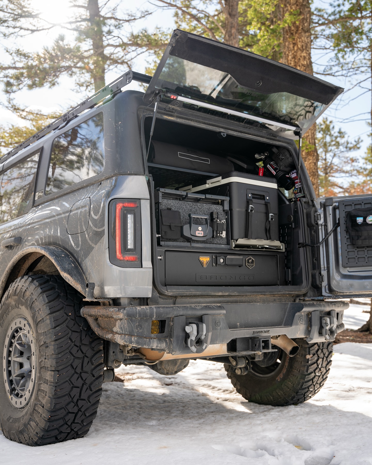 Instagram post by @badoverland for Ford Bronco. Caption reads: We picked up the @setpower.usa DT35 fridge/freezer....