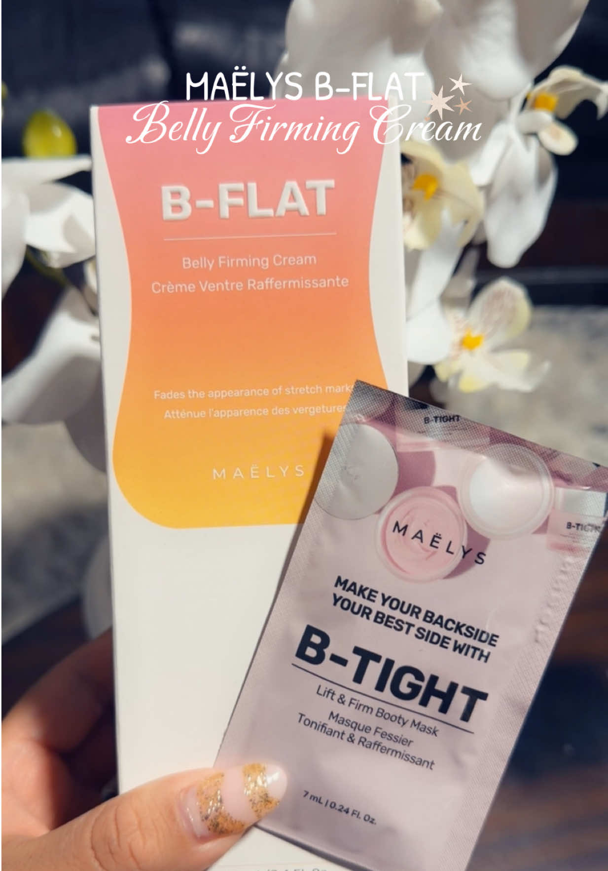 TikTok post by @stefani_laraa for MAELYSCOSMETICS. Caption reads: MAËLYS B-FLAT Clinically Proven Belly Firming....