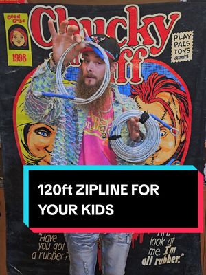 TikTok post by @onlinelunatic for Vevor Outdoor Store US. Caption reads: Get your kid their own ZIPLINE in their back yard....