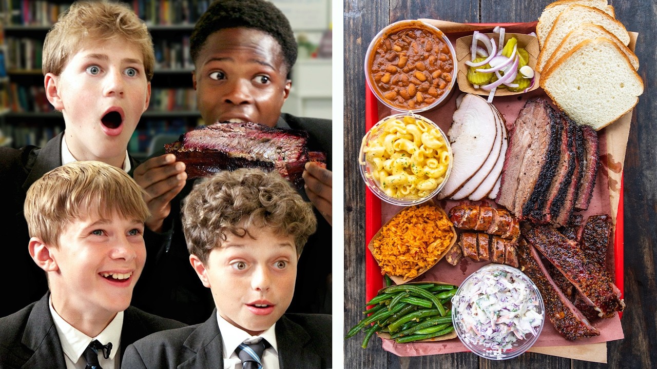 YouTube post by @jolly for Saily. Caption reads: British Highschoolers try Texas BBQ!.