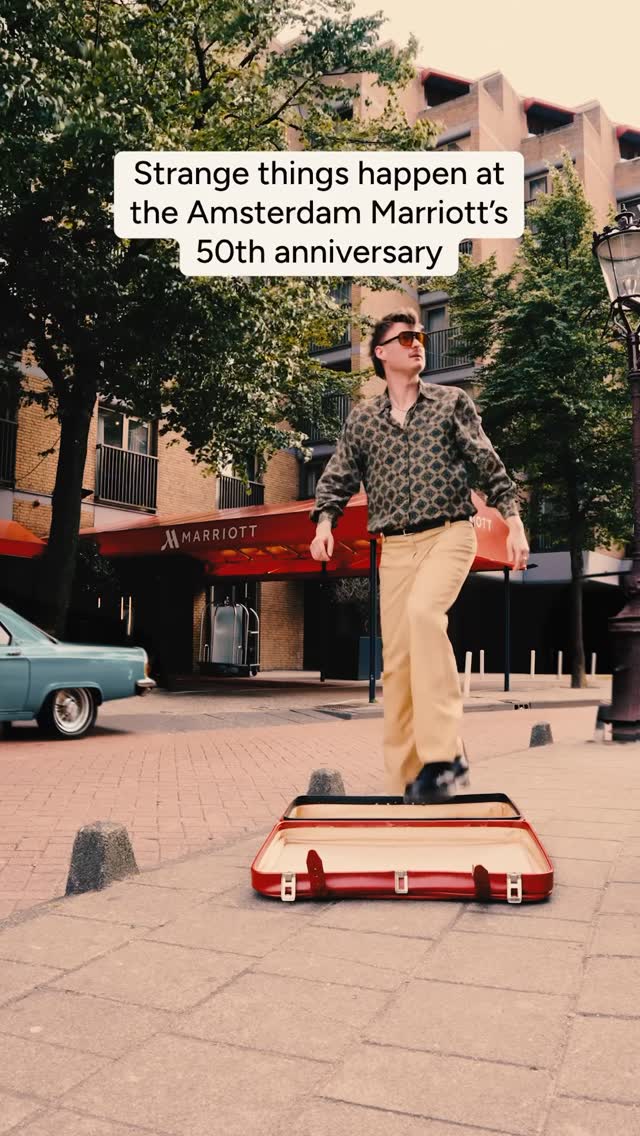 Instagram post by @nicosobo for Marriott Hotels & Resorts. Caption reads: Ad | The @amsmarriott just turned 50 — and....