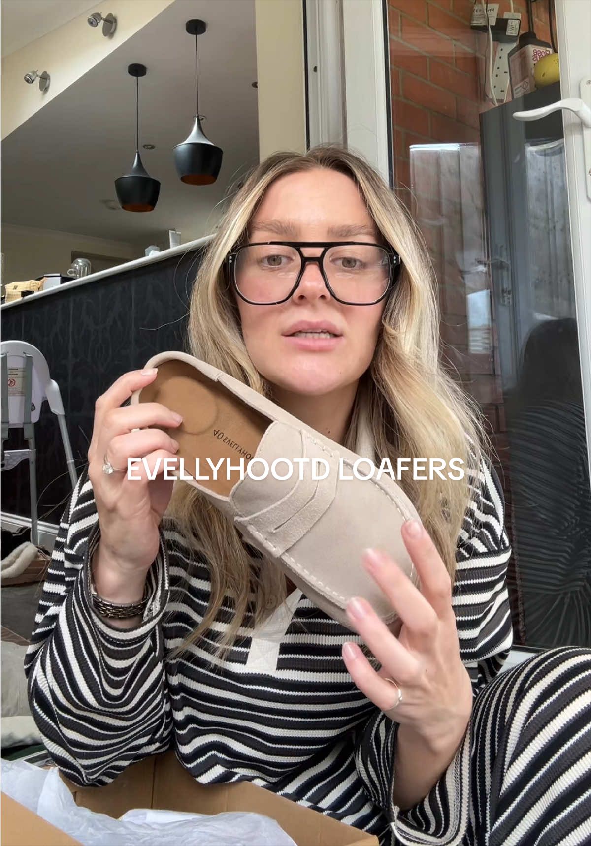 TikTok post by @honestlyaimee for evellyhootd. Caption reads: Just landed !! @EVELLYHOOTD SHOES #loafers....