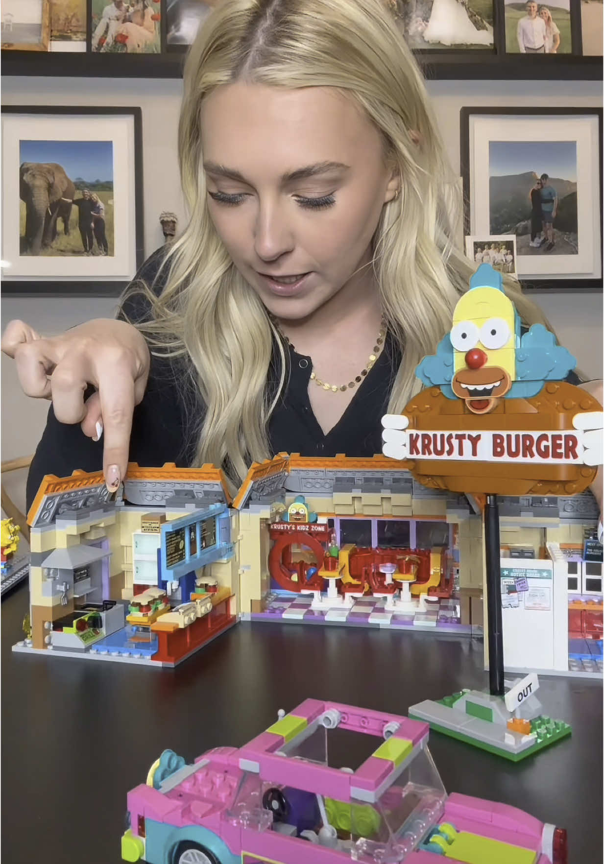 TikTok post by @serenaneel for LEGO. Caption reads: #ad THE NEW THE SIMPSONS™: KRUSTY BURGER @LEGO....