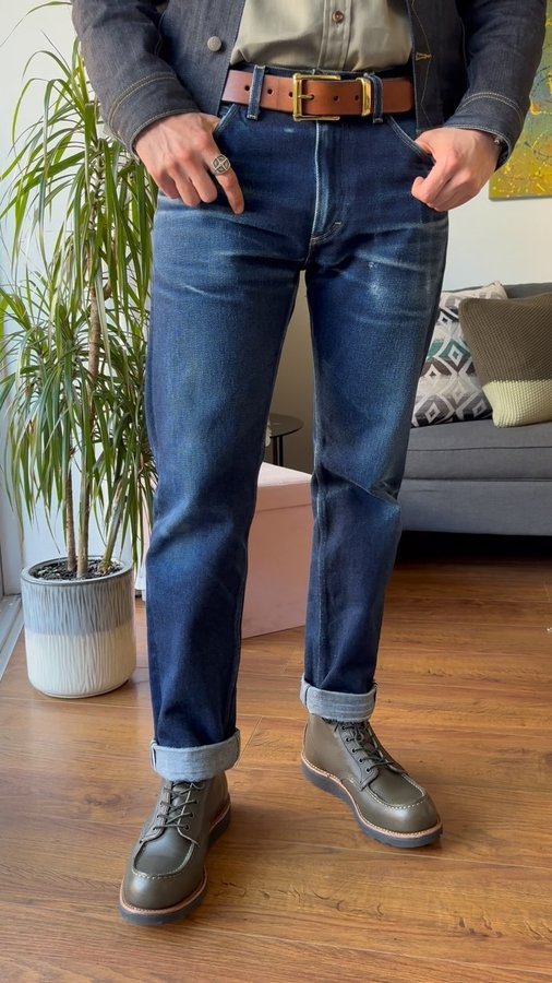 Instagram post by @joey_sam_blue for Red Wing Shoes. Caption reads: Happy Fade Friday! 💙 heavy denim Lee101 22oz....