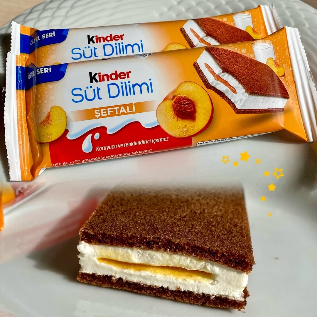 Instagram post by @tadinasilmis for Kinder. Caption reads: 🆕 #Yeni Kinder Süt Dilimi Şeftali 🍑
.
🔸Yıllar....