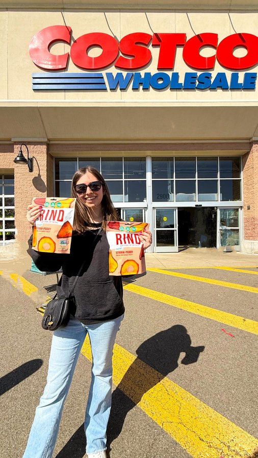 Instagram post by @artsialexi for RIND Snacks. Caption reads: [...] snack, run to @costco and grab the....