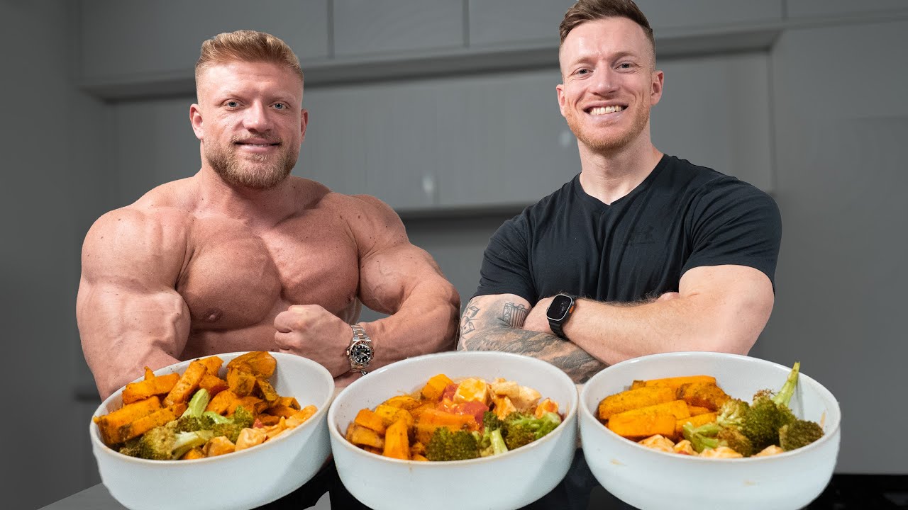 YouTube post by @SchmaleSchulter for More Nutrition. Caption reads: Muscle building meal prep with @UrsKalecinski (It....