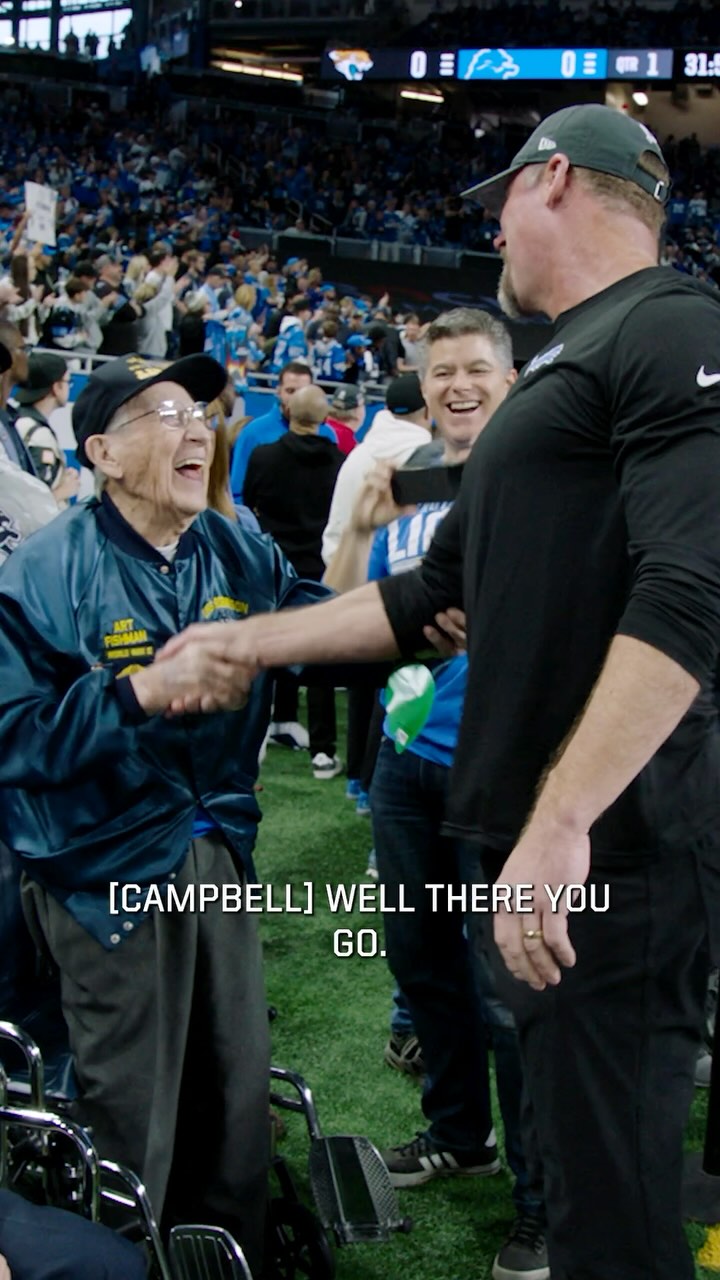 Instagram post by @detroitlionsnfl for Geico. Caption reads: Coach Campbell met with our WWII veteran guests,....
