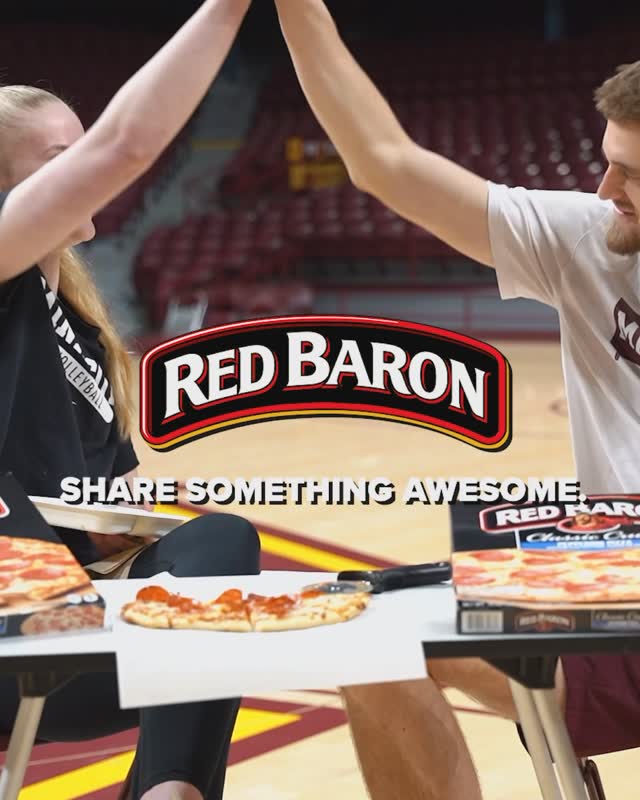 Instagram post by @mckennawucherer for Red Baron Pizza. Caption reads: 🏀 meets 🏐 as we swap sports in this exciting....