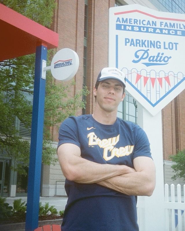 Instagram post by @christianyelich for American Family Insurance. Caption reads: Hey @Brewers fans, check out the @amfam Parking....