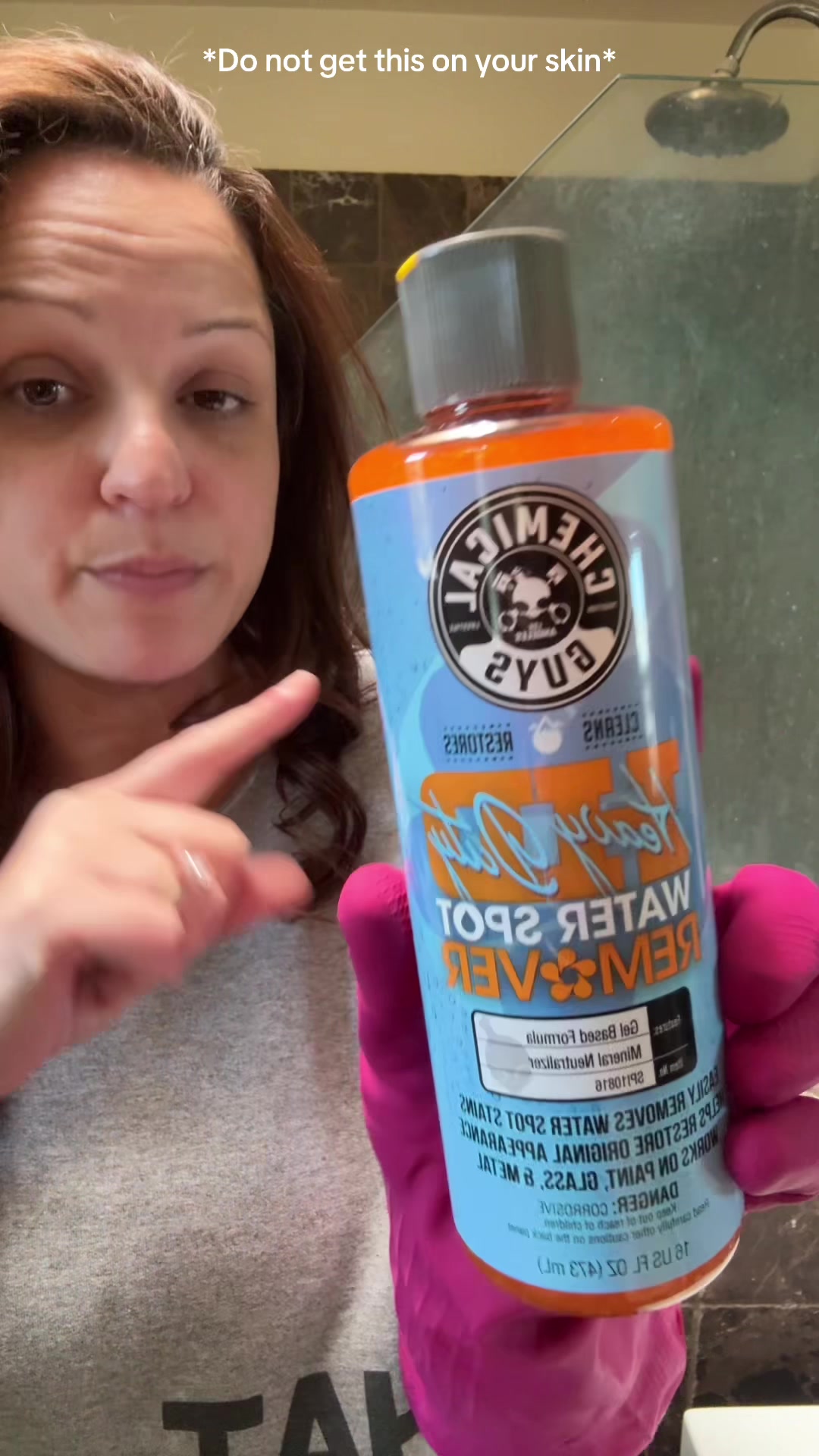 TikTok post by @_.andrea.nicole._ for Chemical Guys. Caption reads: [...] cars and worked on my glass shower @Chemical....