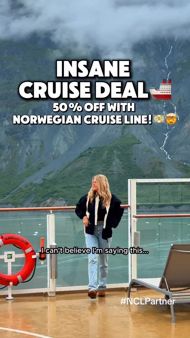 Instagram post by @shelbyreickstravels for Norwegian Cruise Line. Caption reads: 🚨INSANE 50% OFF cruise deal with Norwegian Cruise....