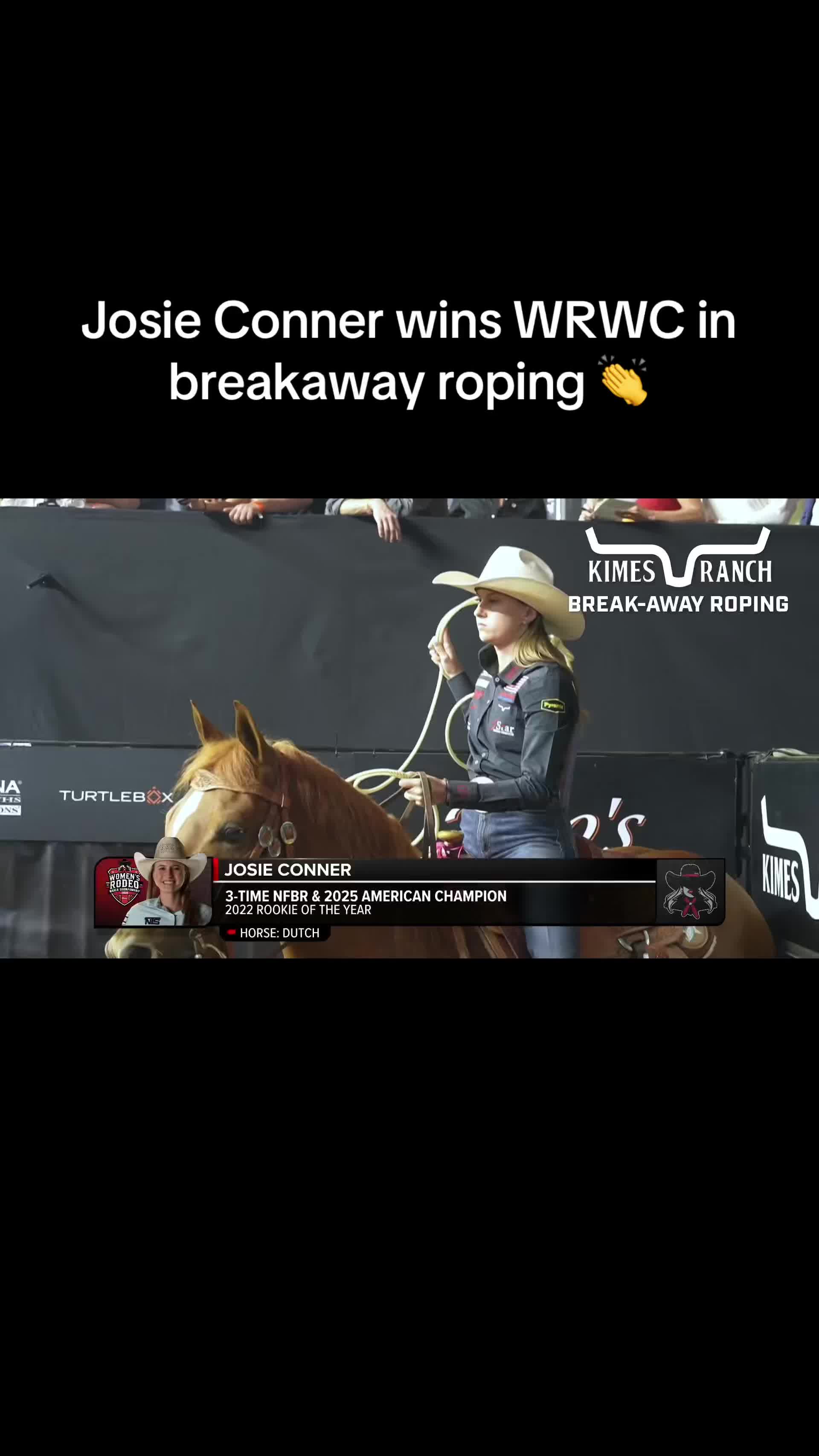 TikTok post by @cowgirlmagazine for Kimes Ranch Jeans. Caption reads: Josie Conner took home the championship this....