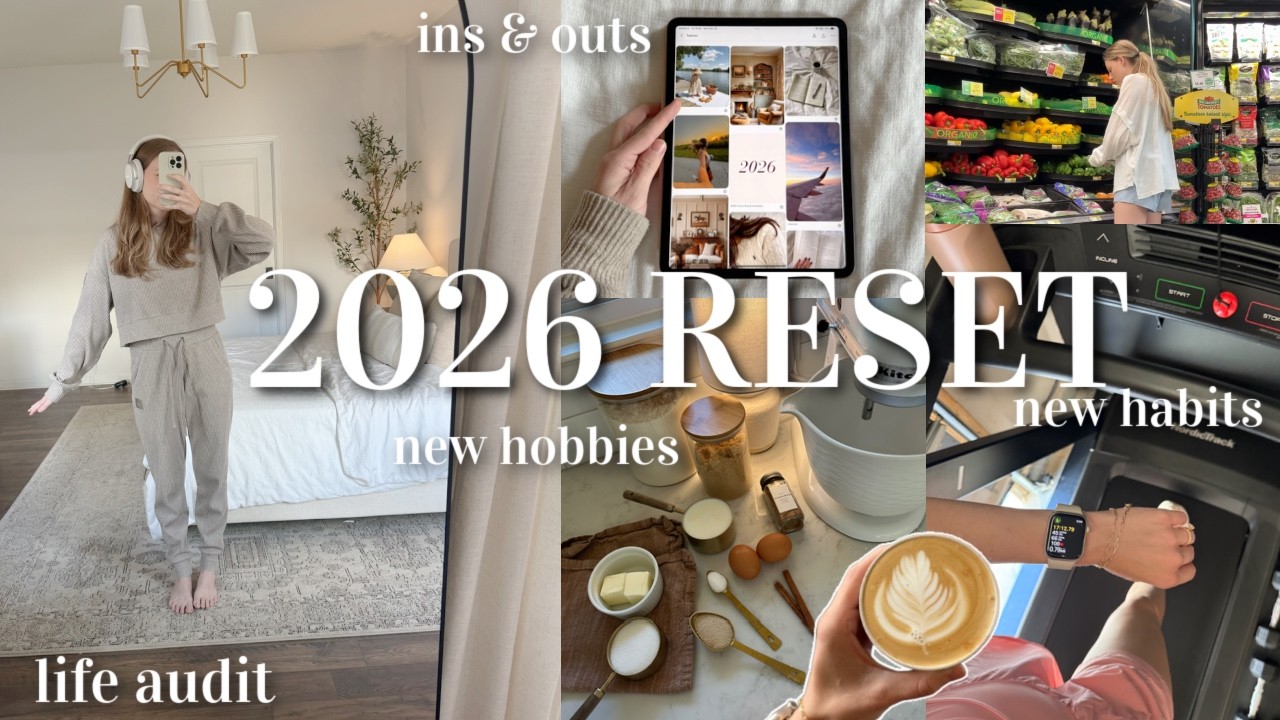 YouTube post by @JaclynBrooke for Grüns. Caption reads: 2026 NEW YEAR RESET! life audit, goals, & habits....