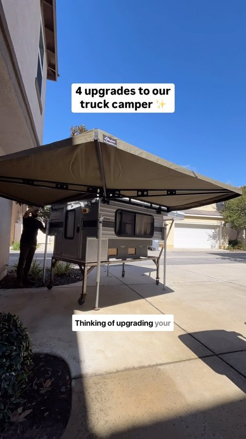 Instagram post by @the.queen.beep for BougeRV. Caption reads: 4 Ways We Upgraded Our Truck Camper:

 ✔️ 270....