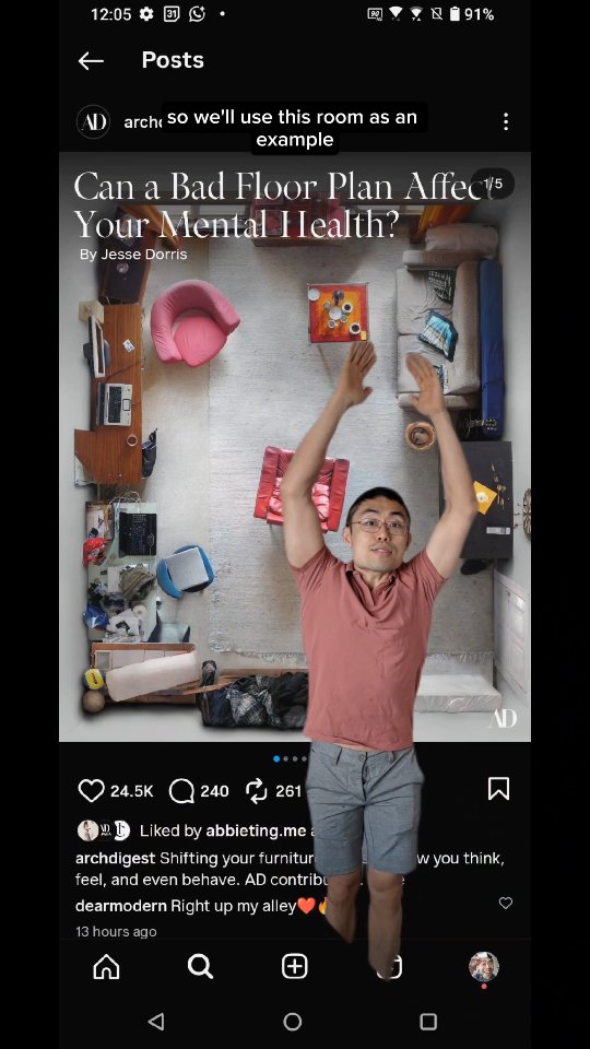 Instagram post by @dearmodern for Architectural Digest. Caption reads: Your floorplan can indeed affect how you feel,....