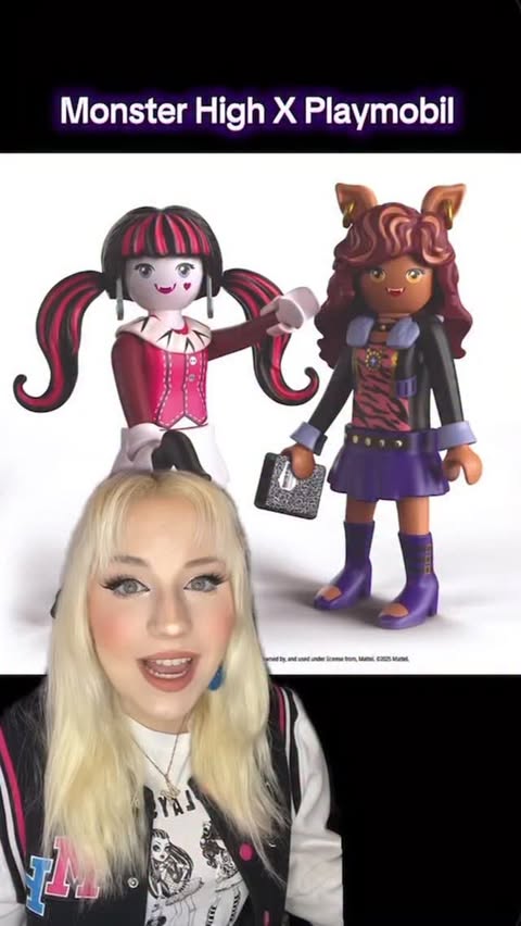 Instagram post by @nostalgic._.dollz for PLAYMOBIL. Caption reads: @monsterhigh X @playmobil PR Unboxing! 💜 Huge....