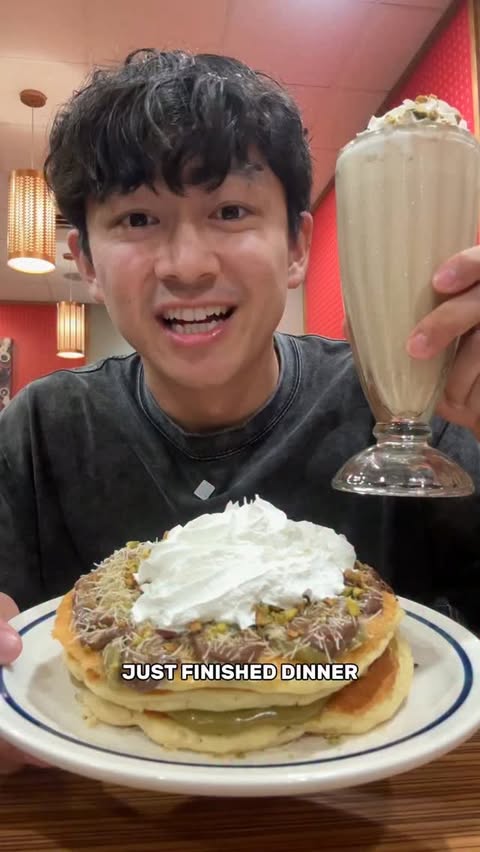 Instagram post by @thejcheneats for IHOP. Caption reads: Trying @ihop Dubai Chocolate Pancake Stack and....