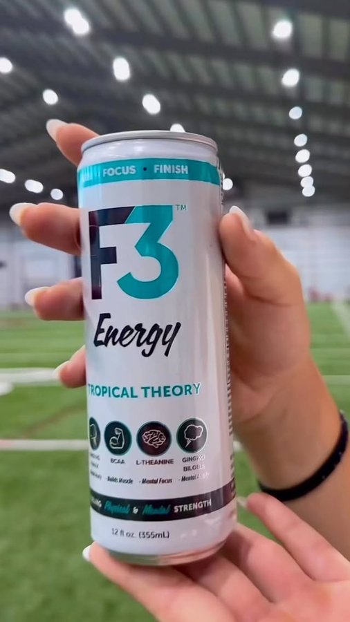 Instagram post by @kamea.medora for F3 Energy. Caption reads: F3 energy helping me power through these workouts....