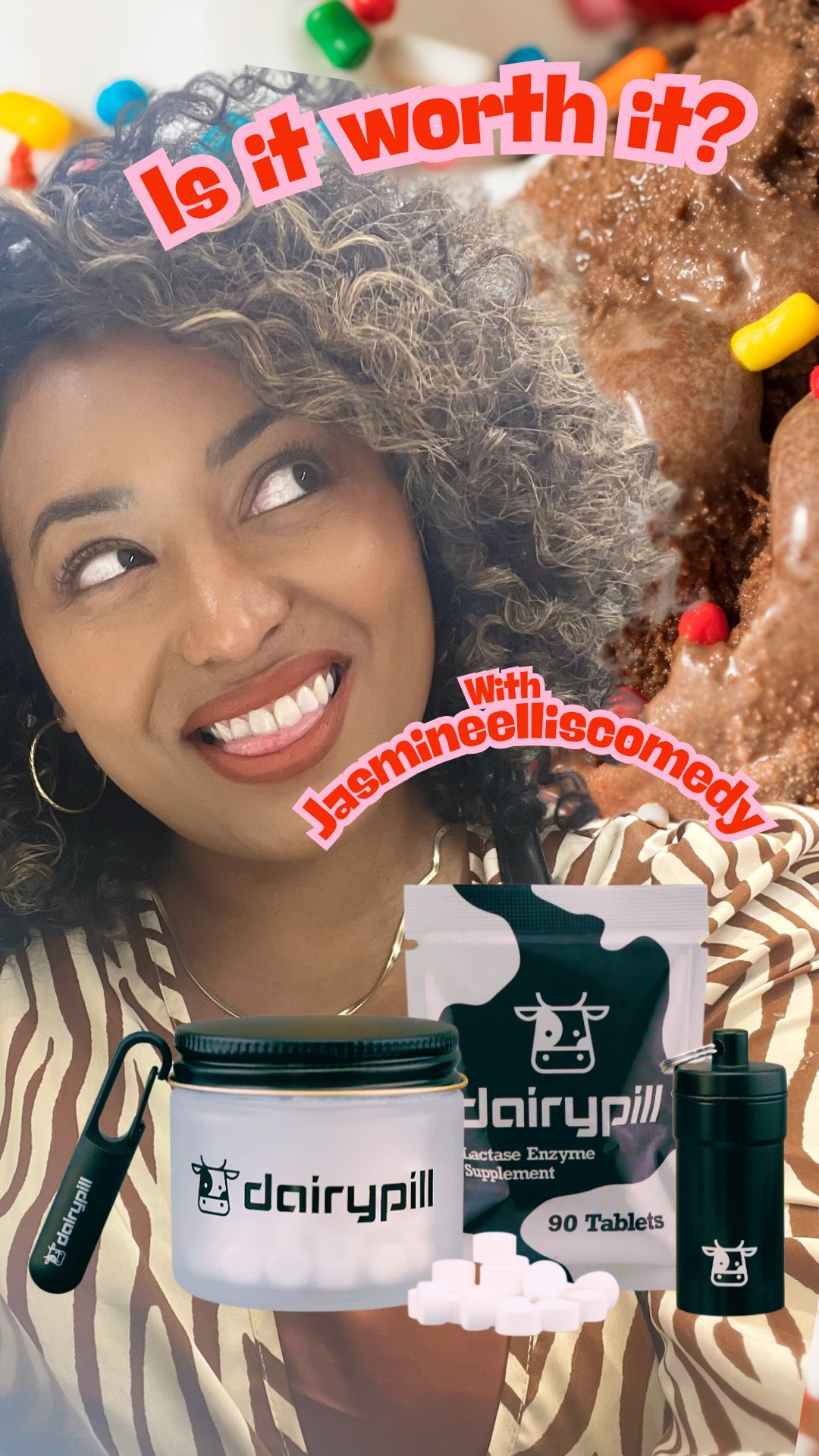 Instagram post by @jasmineelliscomedy for Dairypill. Caption reads: The good folks at DairyPill saw my "is it worth....