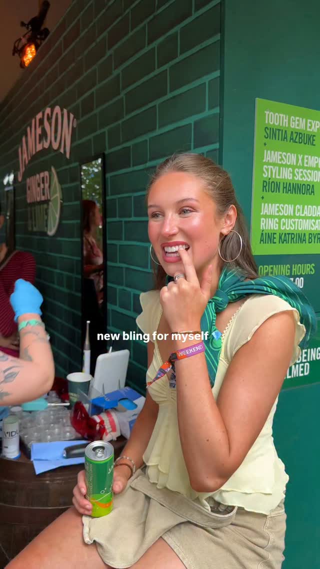 Instagram post by @emily.gordon___ for Jameson Irish Whiskey. Caption reads: Disco teeth 🪩💎🍋‍🟩 free tooth gem station at....